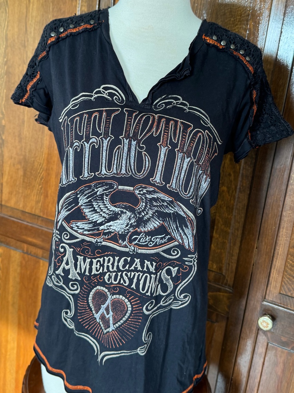 Vintage Affliction American Customs Lace Trim Studded Y2K Grunge Black L